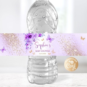 Editable Butterfly Bottle Label Baby Shower Roses Purple, Butterfly Birthday Water Bottle Labels Butterfly Decor Gold flowers watercolor
