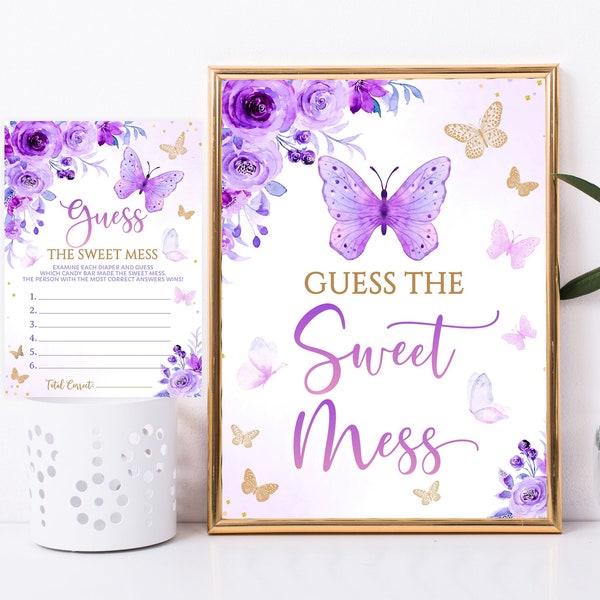 Butterfly Guess The Sweet Mess Game, Gold Purple Baby Shower Dirty Diaper Game, Baby Shower Dirty Diaper Game, Butterfly Dirty Diaper Game