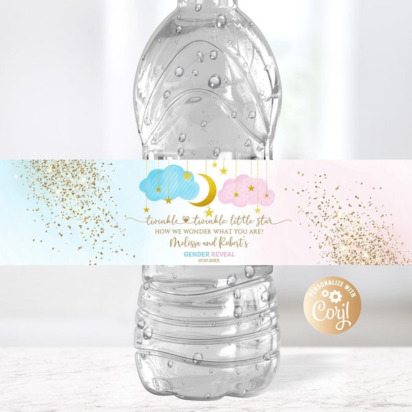 Editable Gender Reveal Twinkle Twinkle Little Star Water Bottle Label Baby Shower Blue or Pink, He or She? Boy or Girl Decor Gold Glitter