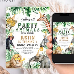 Wild One Safari Birthday Invitation Boy, Jungle Zoo Animals 2nd 3rd Party Invite, Editable Animals Template, Greenery Leaf Digital DIY