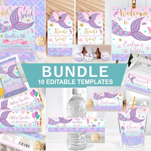 Mermaid Birthday Bundle, Mermaid Invitation Set, Mermaid Party Bundle, Mermaid Birthday, Mermaid Invite, Instant Download, Glitter Mermaid