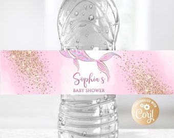 Editable Mermaid Bottle Label Baby Shower, Mermaid Baby Shower Water Bottle Labels, Mermaid Decor Water Bottle Labels Pink Gold