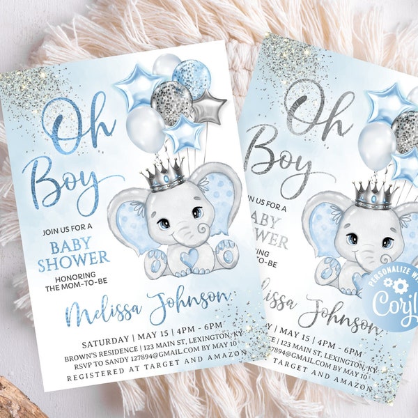 Editable Boy Elephant Silver Baby Shower Invitation Boy Blue Baby Elephant Invite Silver Glitter Watercolor Silver Crown Silver Blue Balloon