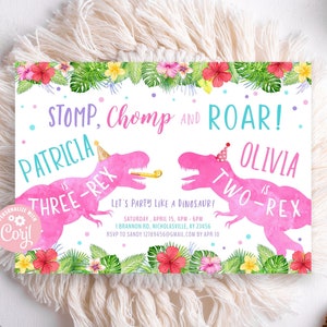 May include: A colorful invitation with a dinosaur theme. The invitation features pink dinosaurs, tropical flowers, and the text "Stomp, Chomp and Roar!" It includes the names Patricia and Olivia, and party details.