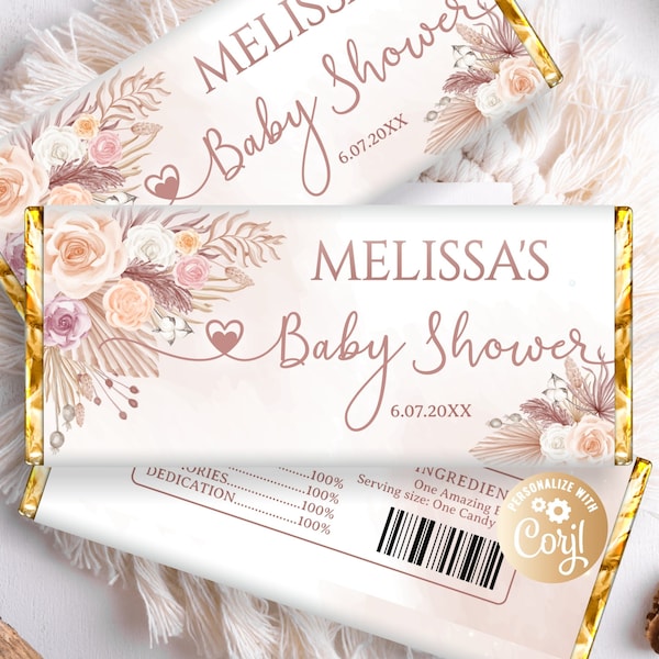 Editable Boho Chocolate Bar Wrappers Baby Shower Printable, Boho Candy Bag Wrapper Template,  Pampas Grass Boho Chocolate Bar Wrapper Girl