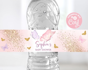 Redigerbar fjärilsflasketikett babyshower, fjärilsetiketter för vattenflaskor till babyshower, fjärilsdekorerade vattenflasketiketter i rosa guld