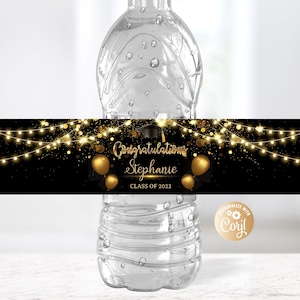 Bewerkbare Afstudeerwaterfleslabels Goud Glitter Zwart, Afstudeerfeest Сlass van 2023, Gefeliciteerd Waterfleslabels Decor