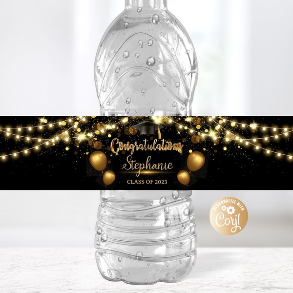 Editable Graduation Water Bottle Labels Gold Glitter Black, Graduation Party Сlass of 2023, Congratulations Water Bottle Labels Decor