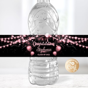 Editable Graduation Water Bottle Labels Pink Glitter Black, Graduation Party Сlass of 2023, Congratulations Water Bottle Labels Decor Pink