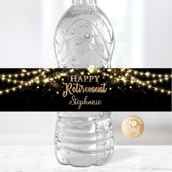 Editable Retirement Water Bottle Labels Gold Glitter Black, Retirement Party for Her Water Bottle Labels, Retirement Decor Water Bottle