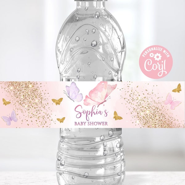 Editable Butterfly Bottle Label Baby Shower, Butterfly Baby Shower Water Bottle Labels, Butterfly Decor Water Bottle Labels Pink Gold