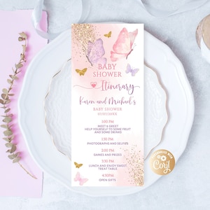Editable Pink Butterfly Itinerary Baby Shower Itinerary Card, Girl Pink Butterfly Itinerary Baby Shower Itinerary Girl Gold Itinerary 4x9&quot;