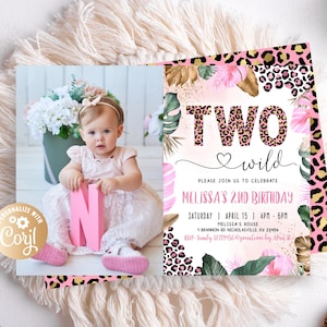 EDITABLE Two Wild Birthday Invitation for Girl With Photo, Leopard Gold  Safari Jungle  2nd Birthday invitations, Girl Wild Two With Picture