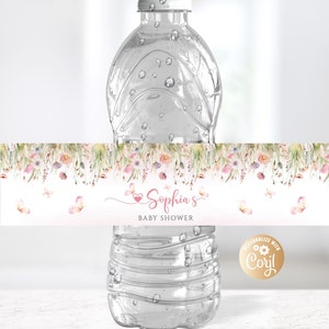 Etiqueta editável para garrafas de flores silvestres, chá de bebê, etiquetas para garrafas de água para bebês em flor, decoração floral, etiquetas para garrafas de água, primavera, verão, flores silvestres