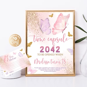 Bewerkbare vlinderprint tijdcapsule, vlinder 1e verjaardag partij decor tijdcapsule teken, vlinderprint bijpassende notitiekaart