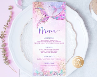 Editable Mermaid Purple Watercolor Dinner Menu Card, Mermaid Reception Dinner Menu for Girl, Purple Mermaid Gold Dinner Menu Purple