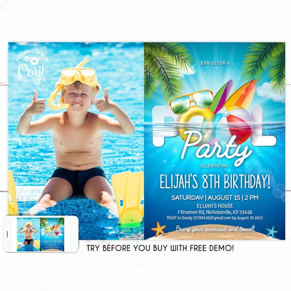 Pool Party invitation with photo, Pool Party Birthday invitation, Pool Birthday, Pool Party,  Pool Party Summer School Pool Party with photo