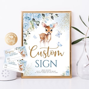 Cerf modifiable signe personnalisé garçon, roses bleues, fleurs aquarelles bleues, décor Oh Deer Boy, signe de texte personnalisé cerf et cartes fleurs de roses bleues