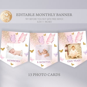 Bearbeitbares Schmetterlings-Geburtstags-Banner mit Foto Gold-Rosa, Schmetterling 1. Geburtstags-Banner mit Bild, Schmetterlings-Mädchen-Schmetterling-ein
