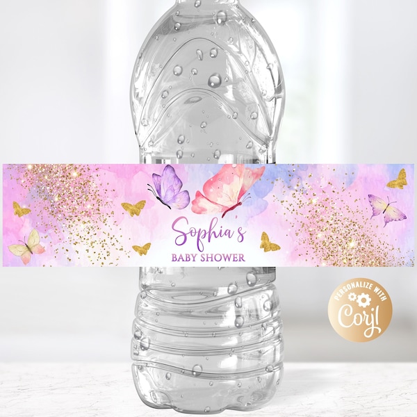 Editable Butterfly Bottle Label Baby Shower, Butterfly Birthday Water Bottle Labels Butterfly Decor Water Bottle Labels Pink Gold watercolor