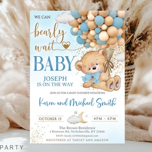 Front view of an editable boy baby shower invitation featuring a cute teddy bear in a hot air balloon with blue and gold balloons.