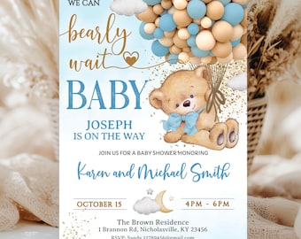 Bear Hot Air Balloon Baby Shower Invitation, Printable Boy We Can Bearly Wait Invite Template, Light Blue Gold Balloons Digital Download