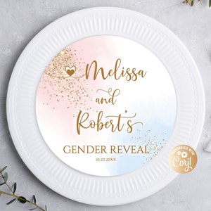 Bearbeitbares Geschlecht offenbaren Ladegerät-Einsatz Er oder Sie Empfang Abendessen Ladegerät-Einsatz Gold-Glitter-Aquarell-Blau oder rosa Junge oder Mädchen