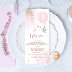 Edytowalna karta menu kolacji z różowym balonem dla dziewczynki, balon akwarelowy złoty różowy menu kolacji weselnej dla dziewczynki, różowo-złote menu kolacji z balonem