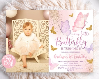 EDITABLE Butterfly Birthday Invitation for Girl With Photo, Butterfly Gold Pink 1st Birthday invitations With Picture, Girl Butterfly One