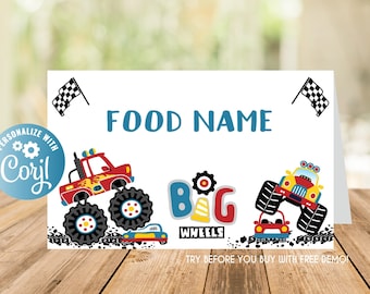 Food Tent Cards Monster Truck, Big Trucks Food Signs, Monster Truck Food Tent Labels, Truck Birthday Food Labels, Food Label Tent Card