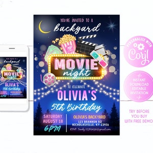 Movie Night Birthday invitation, for girl, pink, Movie Night Birthday Party invitation, Editable Movie Night Birthday, Backyard Movie Night