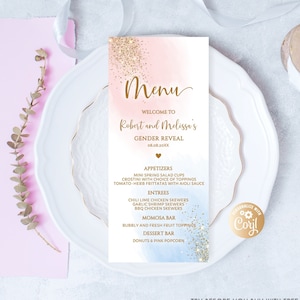 Tarjeta de menú de cena de revelación de género editable, menú de cena de recepción para él o ella, brillo dorado, niño o niña, menú de cena de humo azul pastel y rosa