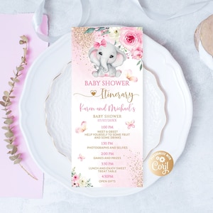Editable Elefante Rosa Itinerario Rosa Caliente Baby Shower Itinerario Tarjeta Bebé Elefante Itinerario Baby Shower Itinerario 4x9 Verde Acuarela