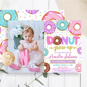 Invitation d'anniversaire de donut modifiable, donut grandir avec photo, fête de donut, invitation de donut avec photo, donut, donut grandi, avec photo