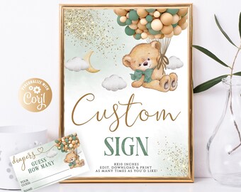 Letrero personalizado de oso editable, decoración de cumpleaños de oso, juego de pastel de pañales de oso, letrero de texto personalizado de oso, imprimible, adivina cuántos pañales de oso