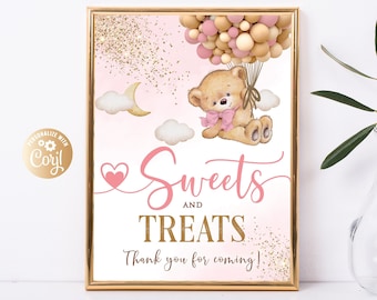 Dulces y golosinas editables oso signo rosa, decoración de cumpleaños de niña oso, dulces y golosinas de oro de oso, pastel de mesa de dulces de oso, mesa de dulces de oso