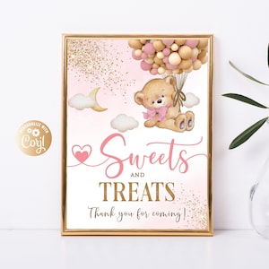 Editable Sweets And Treats Bear Pink Sign, Bear Girl Birthday Decor, Bear Gold Sweets And Treats, Bear Sweets Table Cake, Bear Candy Table