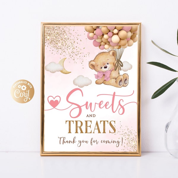 Editable Sweets And Treats Bear Pink Sign, Bear Girl Birthday Decor, Bear Gold Sweets And Treats, Bear Sweets Table Cake, Bear Candy Table