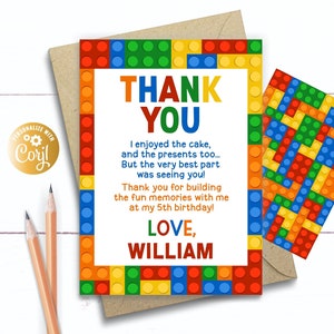 Editable Building Blocks Thank You Card, Blocks Birthday Thank You Card, Building Blocks Party Thank You Card Build It Bricks Birthday Party