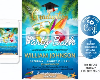 Graduation Pool Party invitation, Graduation Pool Party Bash, Waterslide, Swim, Congrats Senior Class of 2022, Graduation Cap Senior High