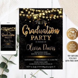 Graduation Party Invitation, Graduation & Birthday Invitation, Chalkboard Graduation Party, Surprise black and gold graduation College Grad