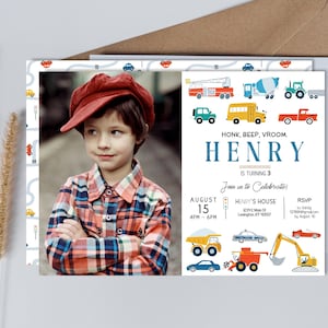 Transportation Birthday Invitation with photo, Truck Birthday Invitation, Cars Birthday Invite, Truck and Cars Birthday, Editable printable