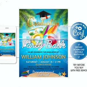 Graduation Pool Party invitation, Graduation Pool Party Bash, Waterslide, Swim, Congrats Senior Class of 2022, Graduation Cap Senior High