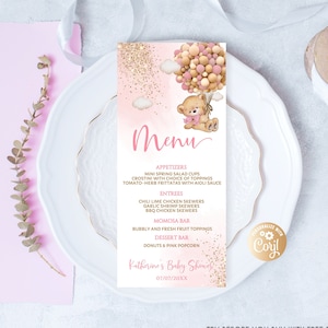 Edytowalna karta menu kolacji z misiem, menu kolacji z balonem na ogrzane powietrze dla dziewczynki w kolorze różowym z misiem, menu kolacji z różowego złota z misiem na baby shower 4x9"
