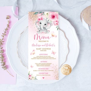 Cartão editável do menu do jantar do rosa quente do elefante rosa, aquarela do elefante do bebê rosa das rosas brilho dourado menu do jantar da recepção aquarela verde