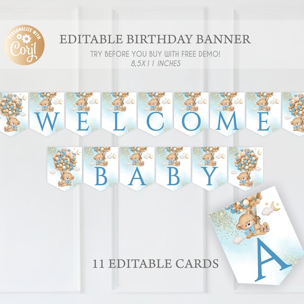 Editable Welcome Baby Banner Bear Blue, Boy Bear With Balloons Blue Gold Banner , We Can Bearly Wait Baby Shower Birthday Banner