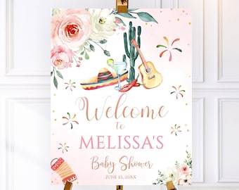 Fiesta Baby Shower Welcome Sign Pink Gold, Baby Shower Welcome Sign Fiesta Fiesta Girl Welcome Poster Fiesta Decor Watercolor Roses Greenery