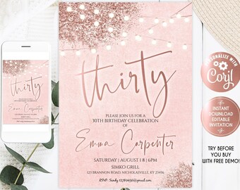 30th Birthday Invitation, Luxury Rose Gold Glitter Birthday Invitation, Rose Gold thirty Party Invites, Her, Rose thirty Birthday Invitation