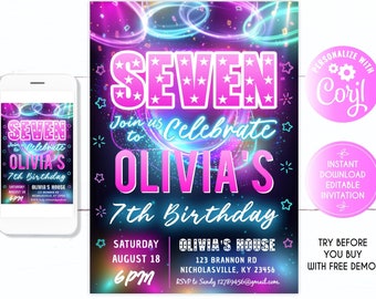 7th Birthday Invitation girl, 7th Birthday girl,  7 years old, Girl party invite, Teen girl SEVEN birthday invite, Teen party, 7th Birthday