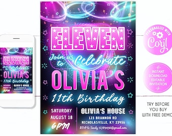 11th Birthday Invitation, 11th Birthday, 11 years old, Girl party invite, Teen girl birthday invite, Teen party, eleventh Birthday, eleven